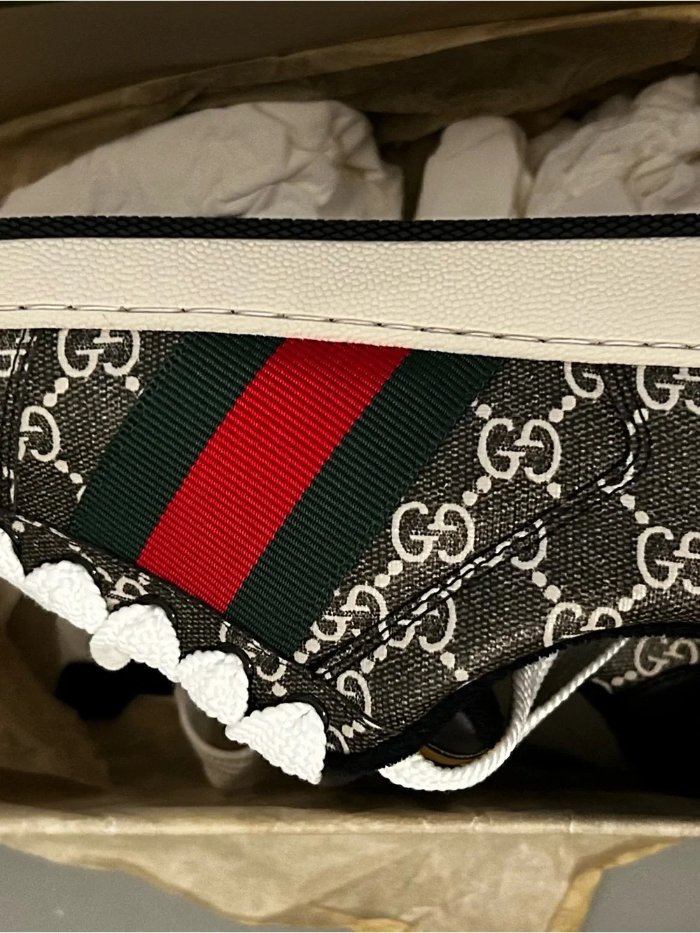 Gucci Brown GG Supreme Sneaker with Red & Green Web and White Laces